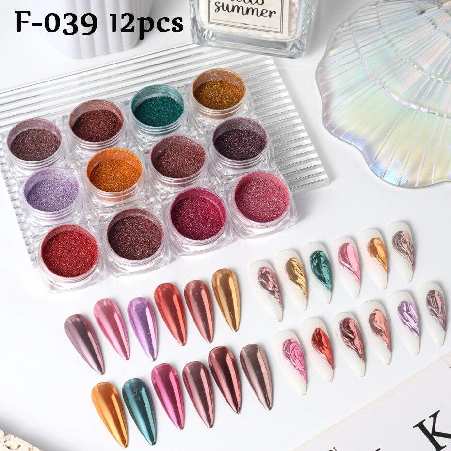 12ks Aurora Neon Shimmer Třpytivý Ledový Svalový Nehtový Pigmentový Púder Jemný Chromový Vpilovací Prach Zrcadlový Lak Dekorace