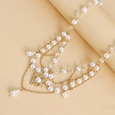 Trendy Imitation Pearls Heart Cross Necklace Y2K Choker Retro Double Layered Beaded Necklace Handmade  Fashion Jewelry Gift