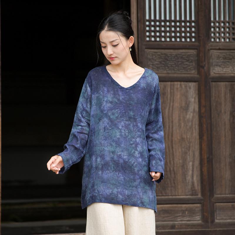 Johnature Women Vintage Print T-Shirts V-Neck Long Sleeve Autumn Loose Female Soft T-Shirts