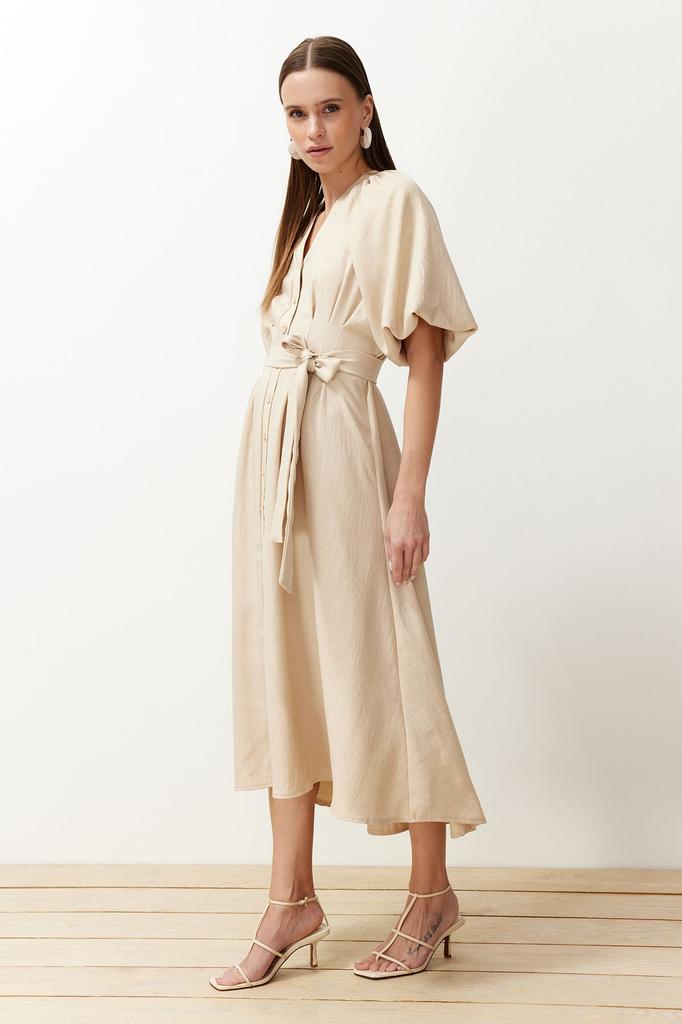 Women's Fashion Linen Look Woven Shirt Dress with Stone Belt and Half Balloon Sleeves