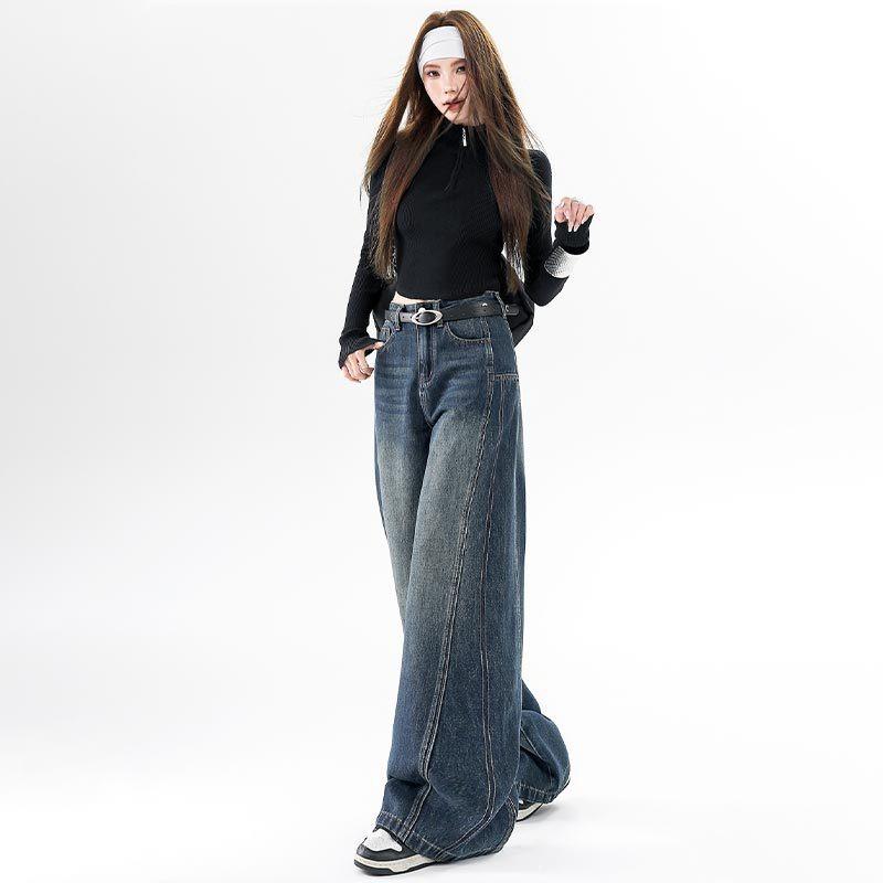Retro blue scimitar wide-leg velvet jeans women's autumn and winter, new high-waisted loose straight pants
