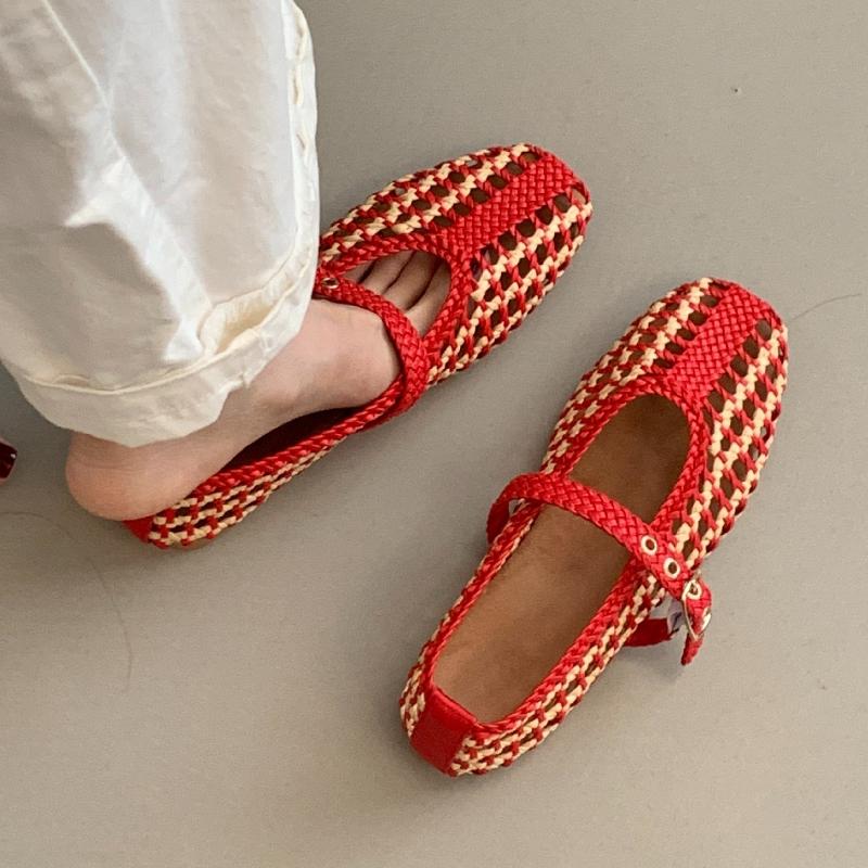 Fashion Handwoven Mixed Colors Hollow Ballet Flats Women Round Toe Buckle Mary Jane Shoes Comfort Brand Designer Loafers Sandals