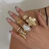 Chunky Gold Rings for Women Non Tarnish Statement Flower Ring Baroque Pearl Stackable Rings Set 6Pcs Chunky Jewelry