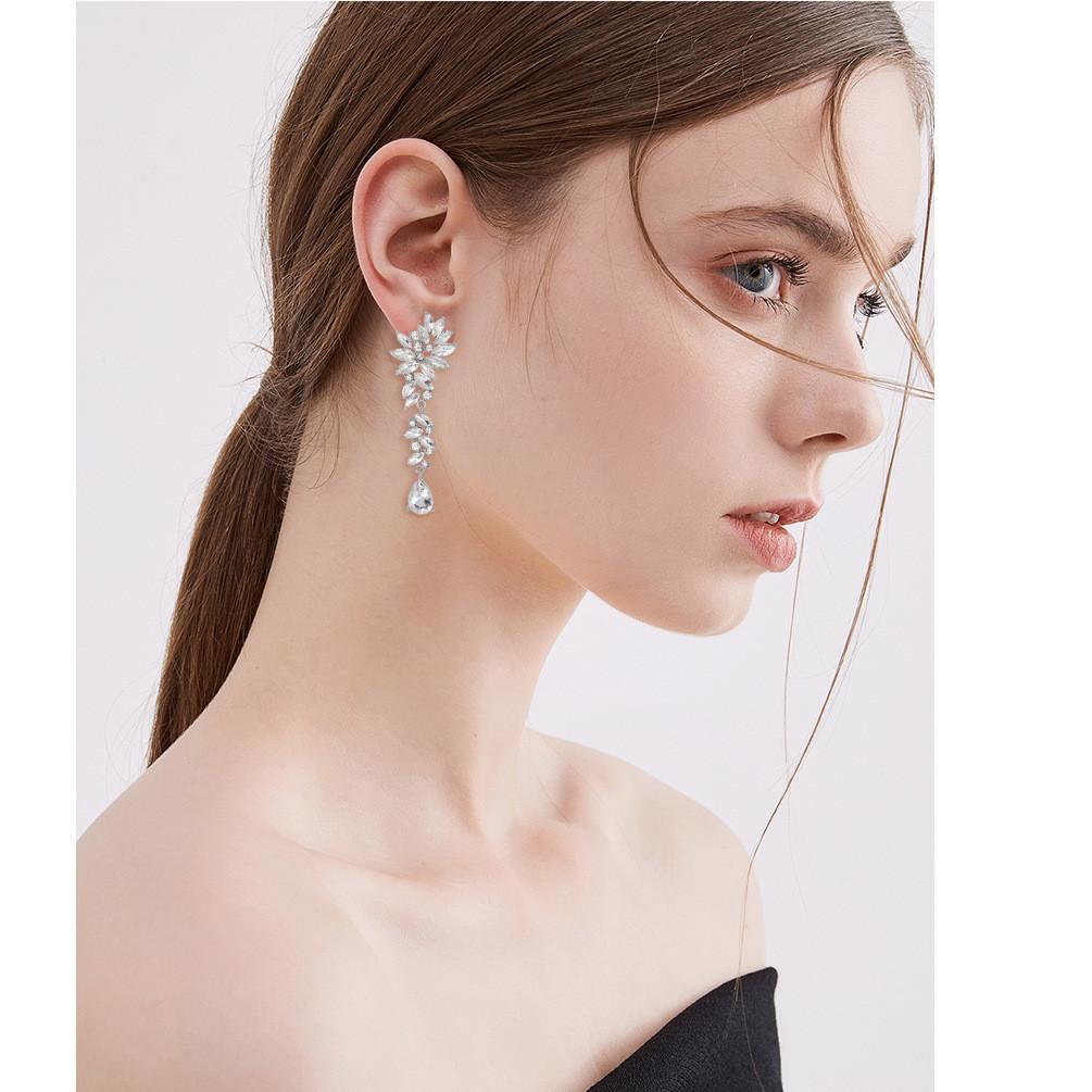 Water Crystal Drop Earrings With Flower Design For Elegant Weddings