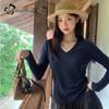 Women's Ribbed V-Neck Long Sleeve Slim Fit Knit T-Shirt