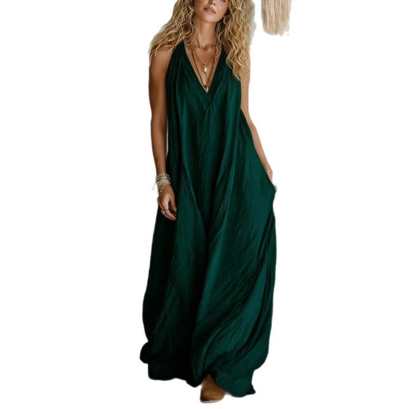 Robe Longue d'Été Sans Manches Col en V Dos Nu en Mélange Lin Coupe Ample Bohème Robe de Plage