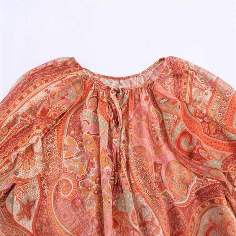 Long Sleeve Loose Fit Round Neck Blouse With Ruffle Detail Floral Print Streetwear Casual Top Women