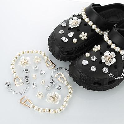 16PCS Shoe Charm for Crocs DIY Rhinestone White Flower Pearl Chain Shoe Decoration Buckle for Croc Charms Hole Shoes Accessories