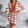 Autumn Winter Women Houndstooth Knitted Dress V Neck Long Sleeve High Waist Pack Sizes S To L