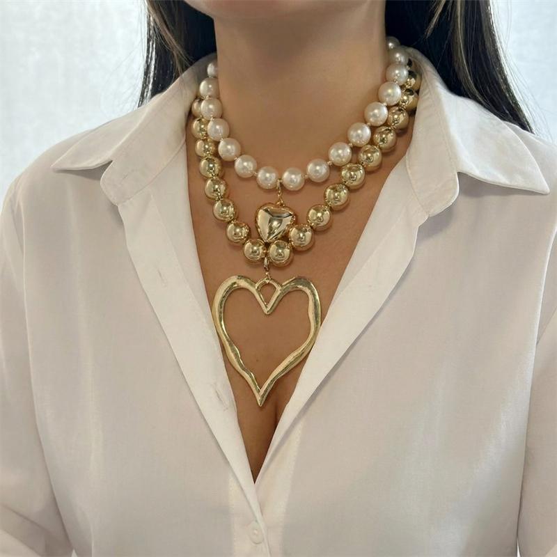 Vintage Elegantes Großes Liebesherz Anhänger Halskette Für Frauen Übertrieben Mehrschichtig CCB Perlenkette Choker Mädchen Party Schmuck Geschenk