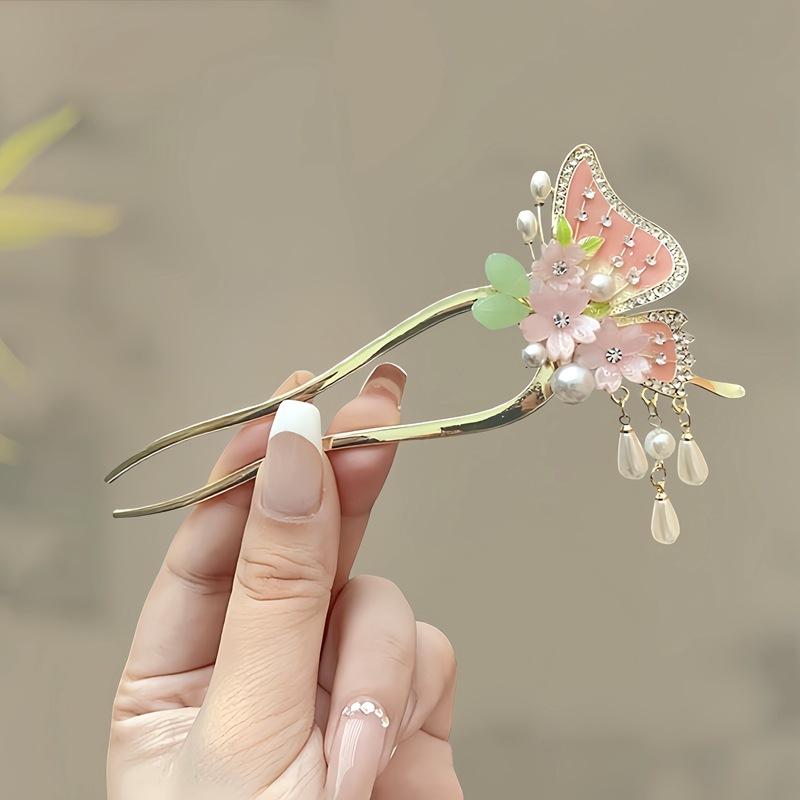 Antique Butterfly Flower Bamboo U-shaped Hairpin Super Fairy Retro Pearl Fringed Hairpin Hanfu Ancient Hairpin Accessories