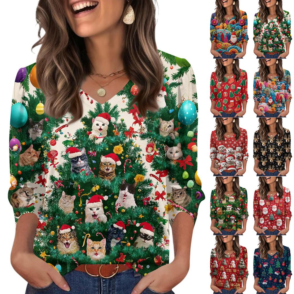 Women's Fashionable Casual Christmas Printed V-neck Top
