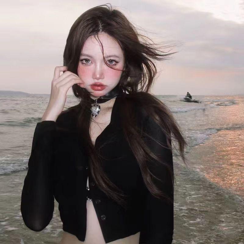 

Черный комплект бикини-тройки инфлюенсера Дайдай: Сексуальный купальник с длинными рукавами и разрезом с накидкой для женщин Small