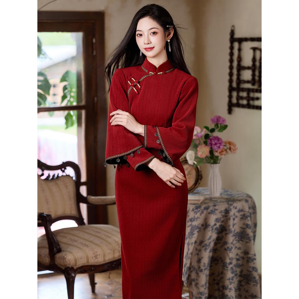 Luo Shibo "Clear Mountain Poetry" New Chinese Style Beautiful Long Sleeve Chenier Cheongsam Winter Fleece Warm Daily Women