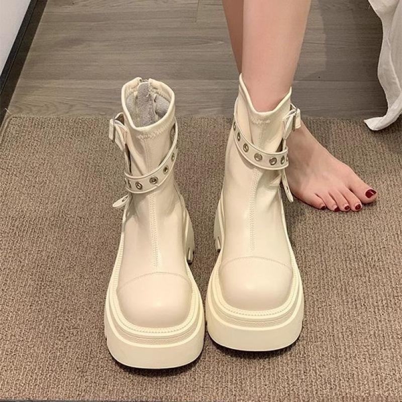 Fashion Thick soled British style black women's 2025 autumn new height increasing versatile retro thin short boots slim boots