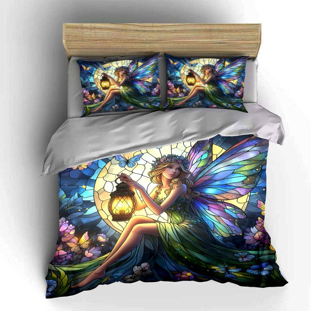 "Fairy-Inspired Stained Glass Set" kid's and adults' bedroom decor, Exquisite three-piece bedding set gift