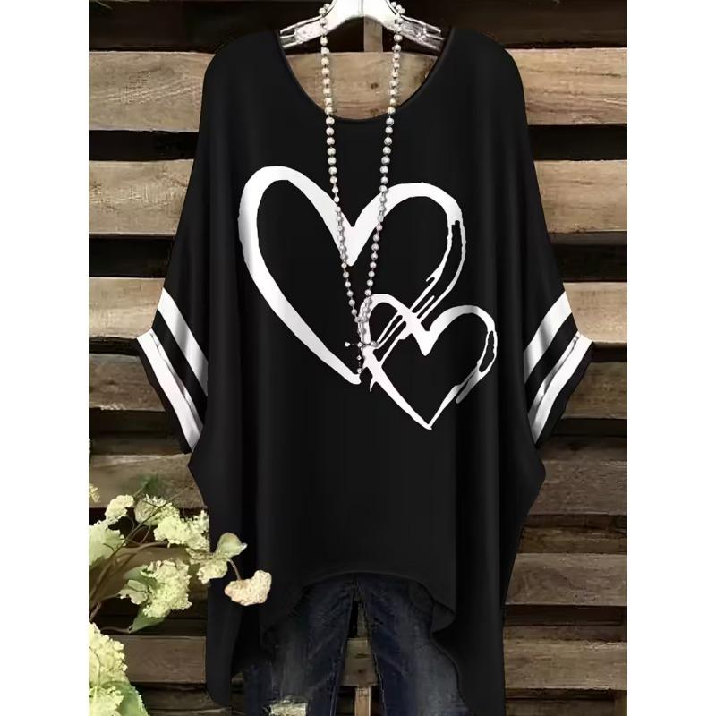 Elegantes Bohemian Chic Übergroßes Einfaches Retro Liebesdruck Druck Damen T-Shirt Asymmetrischer Saum Rundhalsausschnitt Vielseitige Damenbekleidung