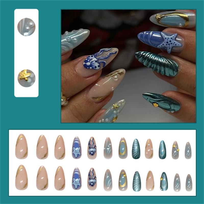 24 Pcs Almond Shaped Stick On Nail Glossy Press On Nail Reusable False Nail Ocean Star Jellyfish Acrylic Nail