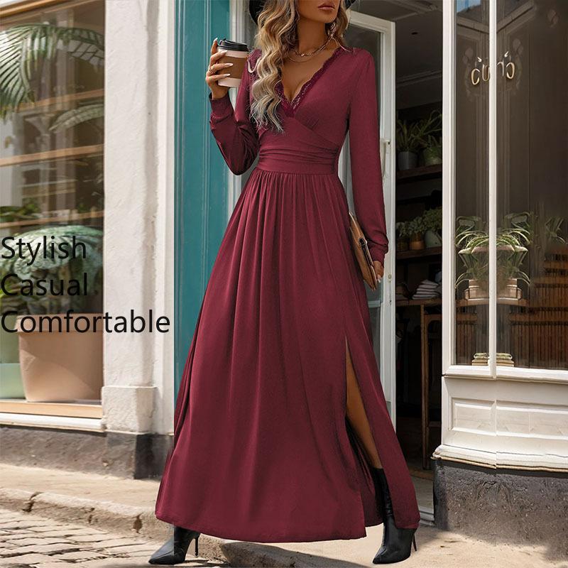 YYFS Moda dama toamna iarna imprimeu culoare uni maneca lunga cu decolteu in V talie inalta rochii casual