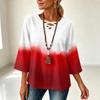 Women's V-Neck Loose Fit Three-Quarter Sleeve Gradient Print T-Shirt Top for Casual Everyday Wear