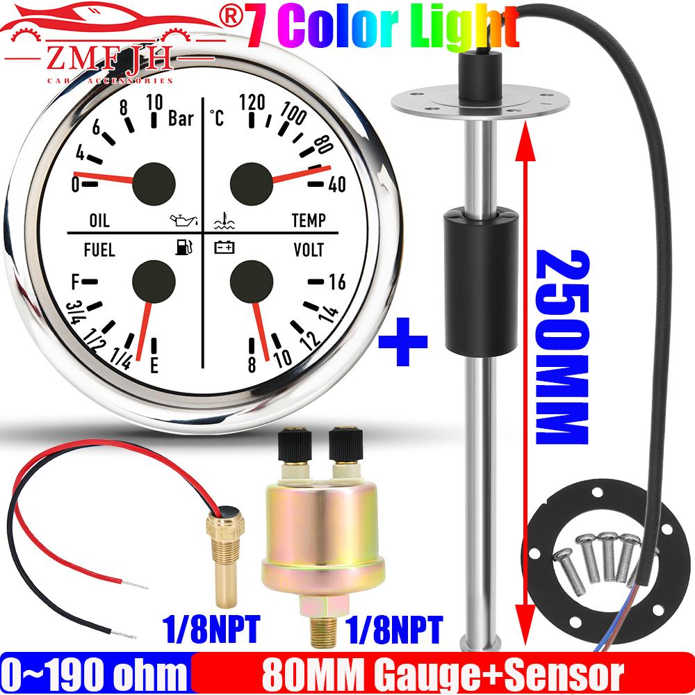 ZMFJH Marine Boat Yacht Car 80MM Oil Pressure+Water Temperature+Fuel Level Gauge+Voltage 7 Color with Oil Float Sensor 100-550MM