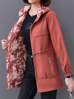 Casual Long Sleeve Drawstring Waist Hooded Zip Up Outdoor Jackets For Women, Two-sided Wear Waterproof And Windproof Coat For Autumn & Winter