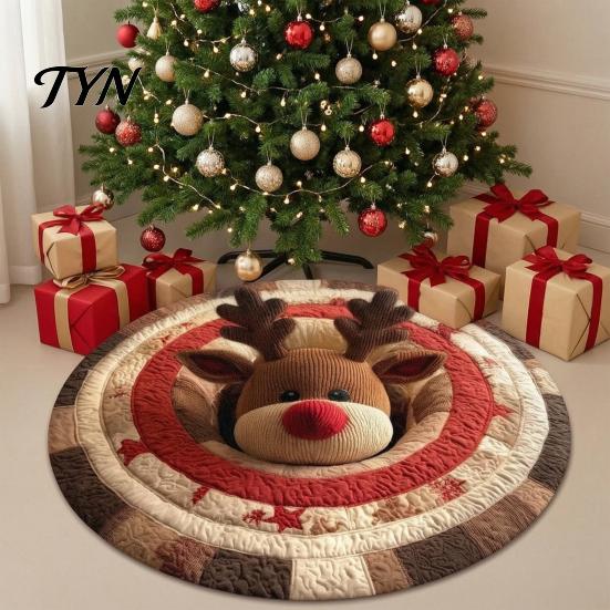 Christmas Themed Home Decor Round Rug, 3D Illusion Mat, Holiday Winter Carpet, Soft Gnome Deer Crystal Velvet Floor Mat Santa House Festive