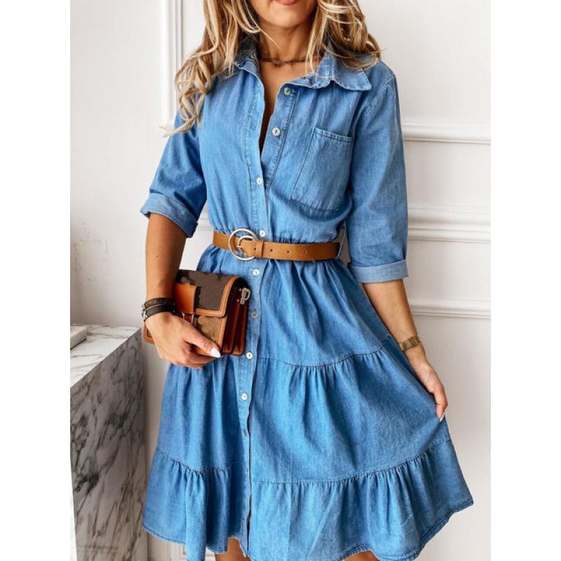 

JPNTKY Women s Fashion Summer Spring Solid Color Print 1/2 Sleeves POLO-Neck Casual Dresses S светло-синий