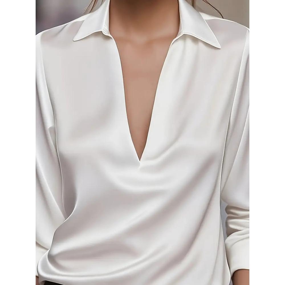 Women's Elegant Solid Color Simple V Neck Long Sleeve Shirt, Casual Office Work Wear Slim Fit Basic Blouse Top