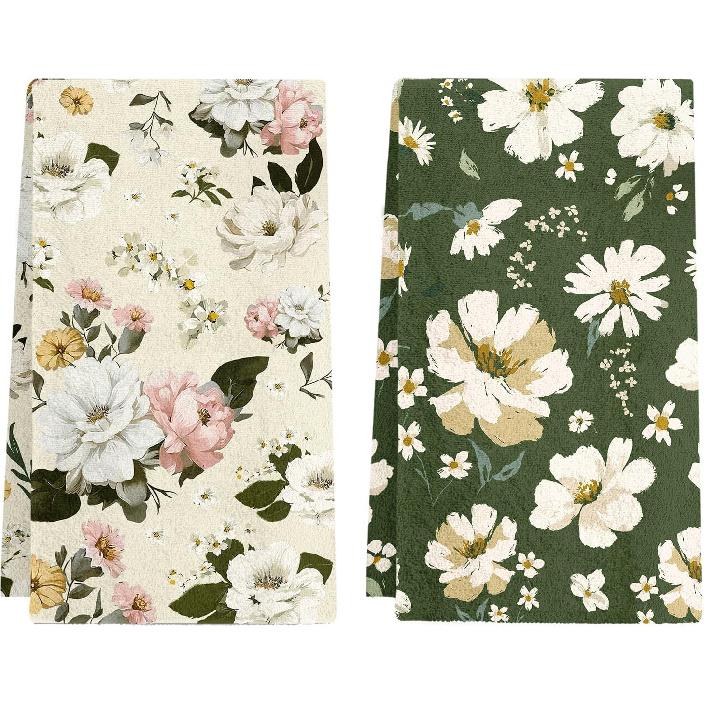 Black Cat Floral Kitchen Towels - Set of 2 Flower Cat Dish Towel for Kitchen Drying, Soft Absorbent Cute Dish Towels Cats Spring, Black Cats Flower