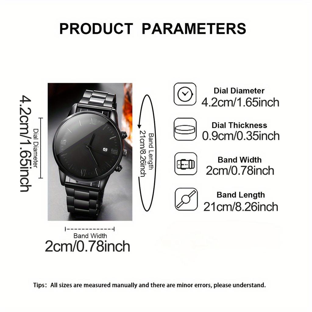 4pcs-Men's Quartz Watch Set, Round Dial, Includes Cross Pendant Necklace, Bracelet & Ring, Perfect Gift (no Box)