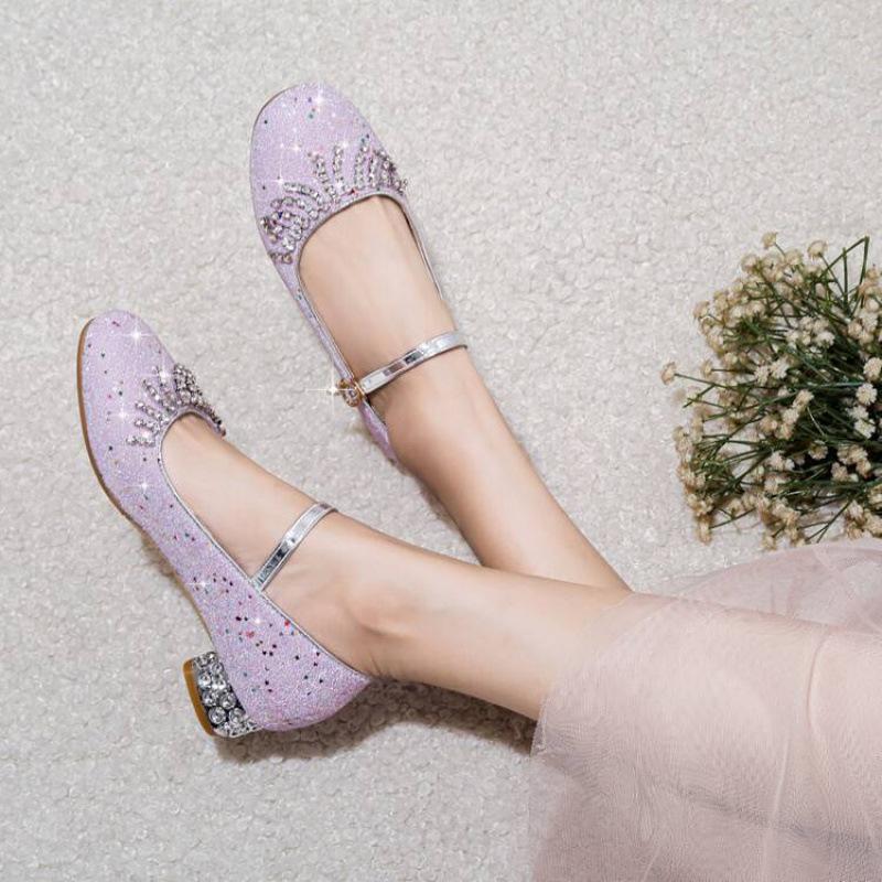 Four seasons wear girls single shoes sweet college buckle beef tendon soft sole older children sequined crystal shoes new children's leather shoes