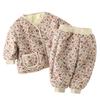 Korean Winter Children Girls 2PCS Clothes Cotton Thicken Floral Border Kid Jogger Pants Suit Long Sleeve Single Breasted Outfit