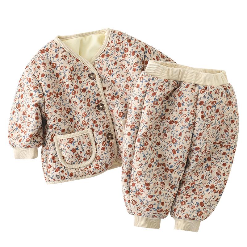 Korean Winter Children Girls 2PCS Clothes Cotton Thicken Floral Border Kid Jogger Pants Suit Long Sleeve Single Breasted Outfit