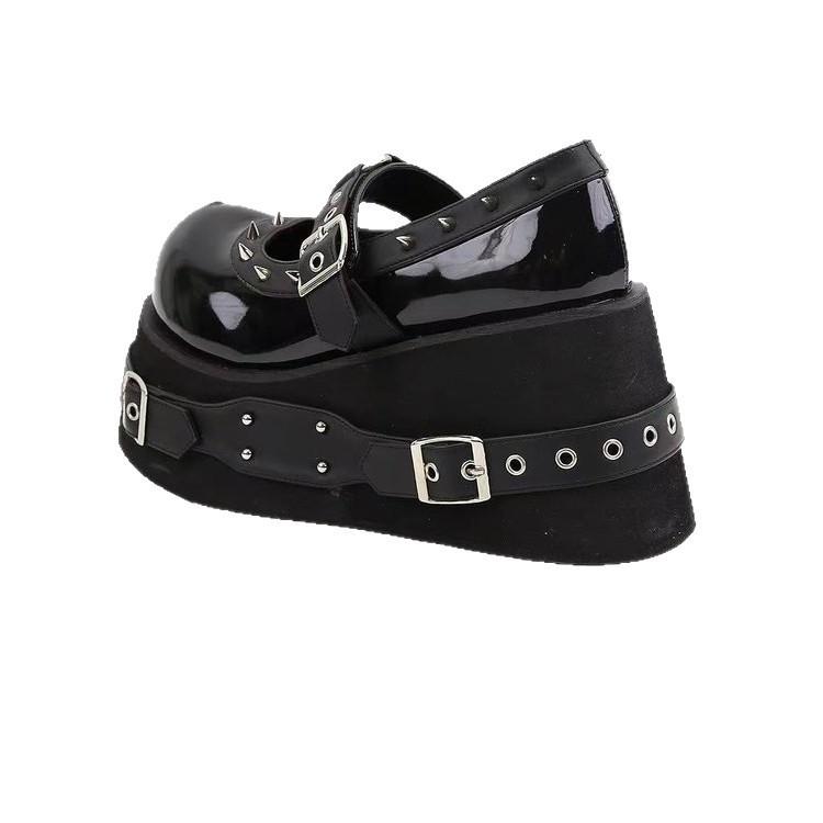 Gothic Rivet Muffin 10 CM Platform Mary Jane Shoes Punk Spice Girl Pu Leather Dark Shoes Women Y2K Subculture Lolita Shoes 35-42
