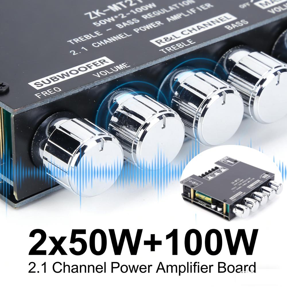 ZK-MT21 Bluetooth 5.0/AUX Dual-Input Amplifier Board 12V/24V Power Supply 2x50W+100W Subwoofer Amplifier Board