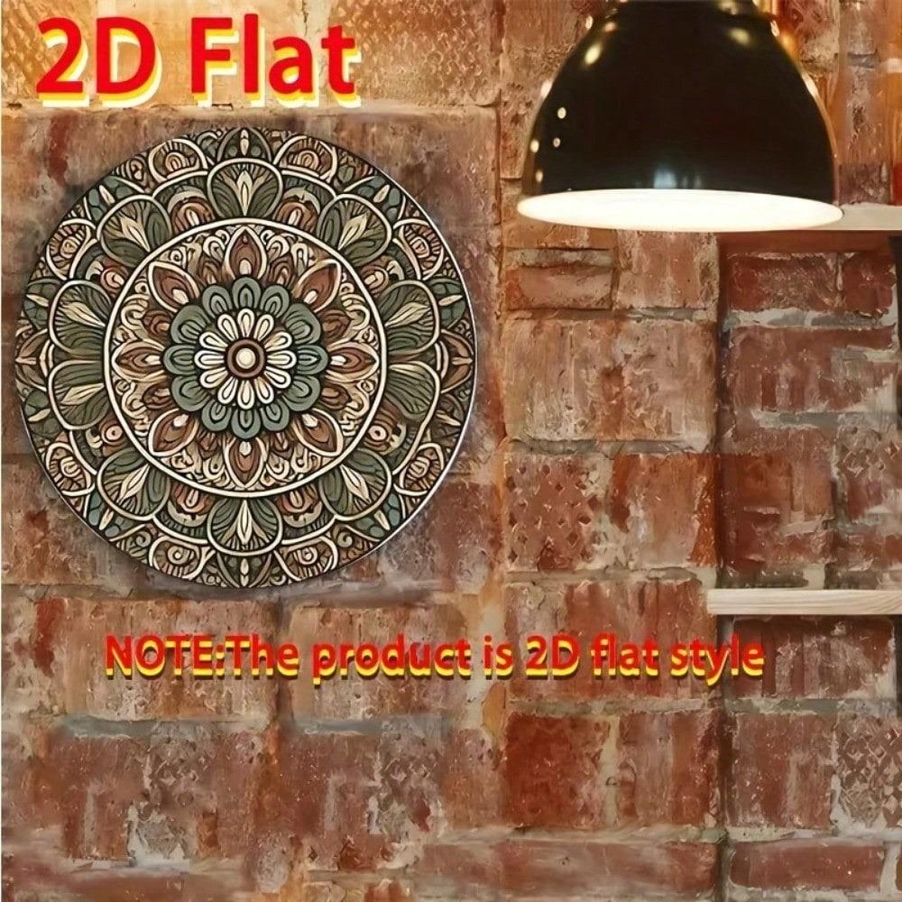 Vintage Mandala Metal Wall Art Round 7.87 Inch 2D Flat Floral Decorative Plate for Home Decor Green Brown Beige