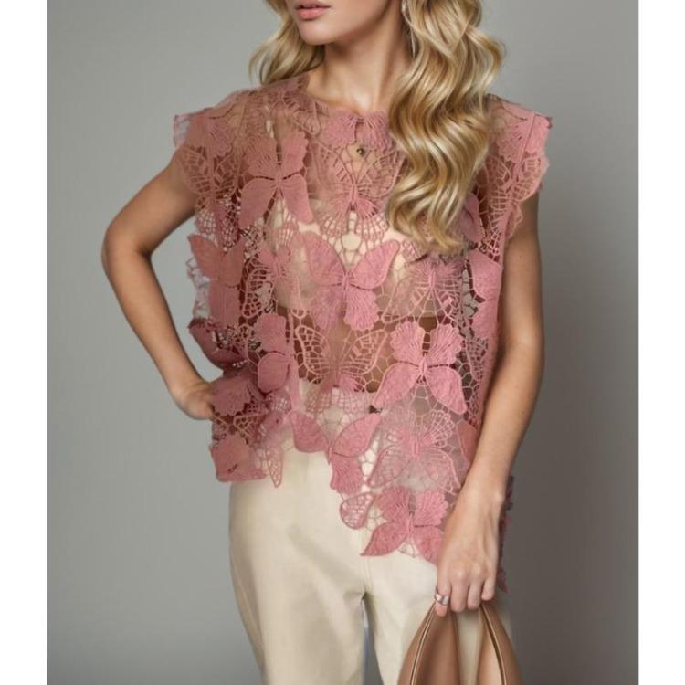 2024 New Women T-Shirt Dimanaf Lace Knitting Vest O-Neck Hollow Summer Style Loose Basic Tops Pink Tees