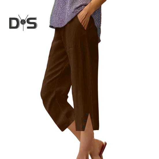 Women Cropped Pants Elastic Waist Wide Leg Beach Pants with Pockets Solid Color Casual Loose Fit Pants