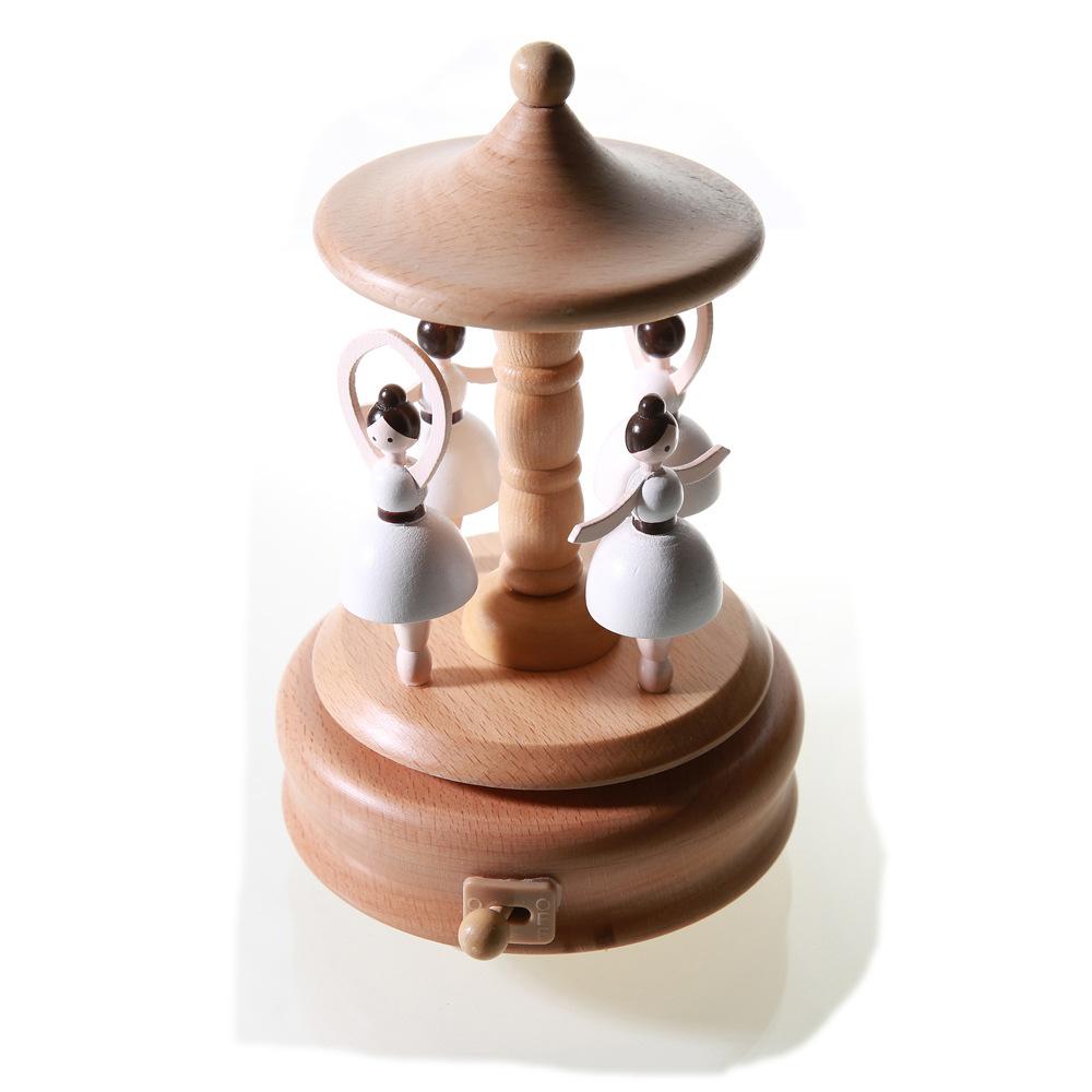 Wooden Carousel Music Box Ornaments Rotatable Hand-cranked Music Box DIY Handmade Birthday Christmas Gift Children’s Toys