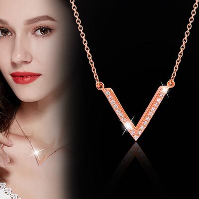 True Gold Plating Diamond V -shaped Pendant Clavicle Chain Rose Gold Necklace Female