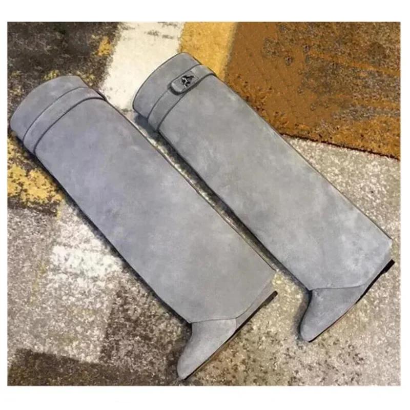 Elegant High Heel Mid-Calf Boots with Metal Buckles for Formal Banquets, Stylish Riding Boots for Women, Chunky Heel Dress Boots