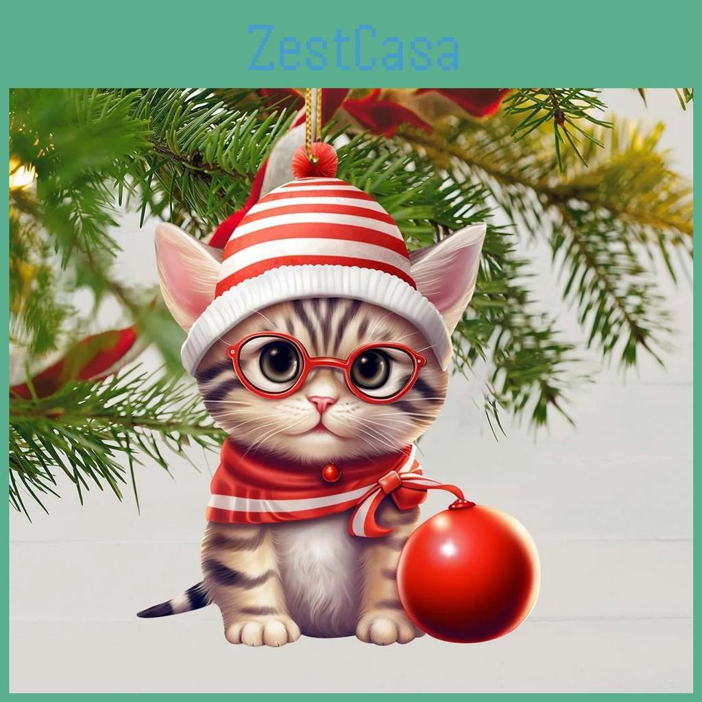 Surface Acrylic Flat Pendant With Cute Cat Wearing Christmas Hat Decor Design