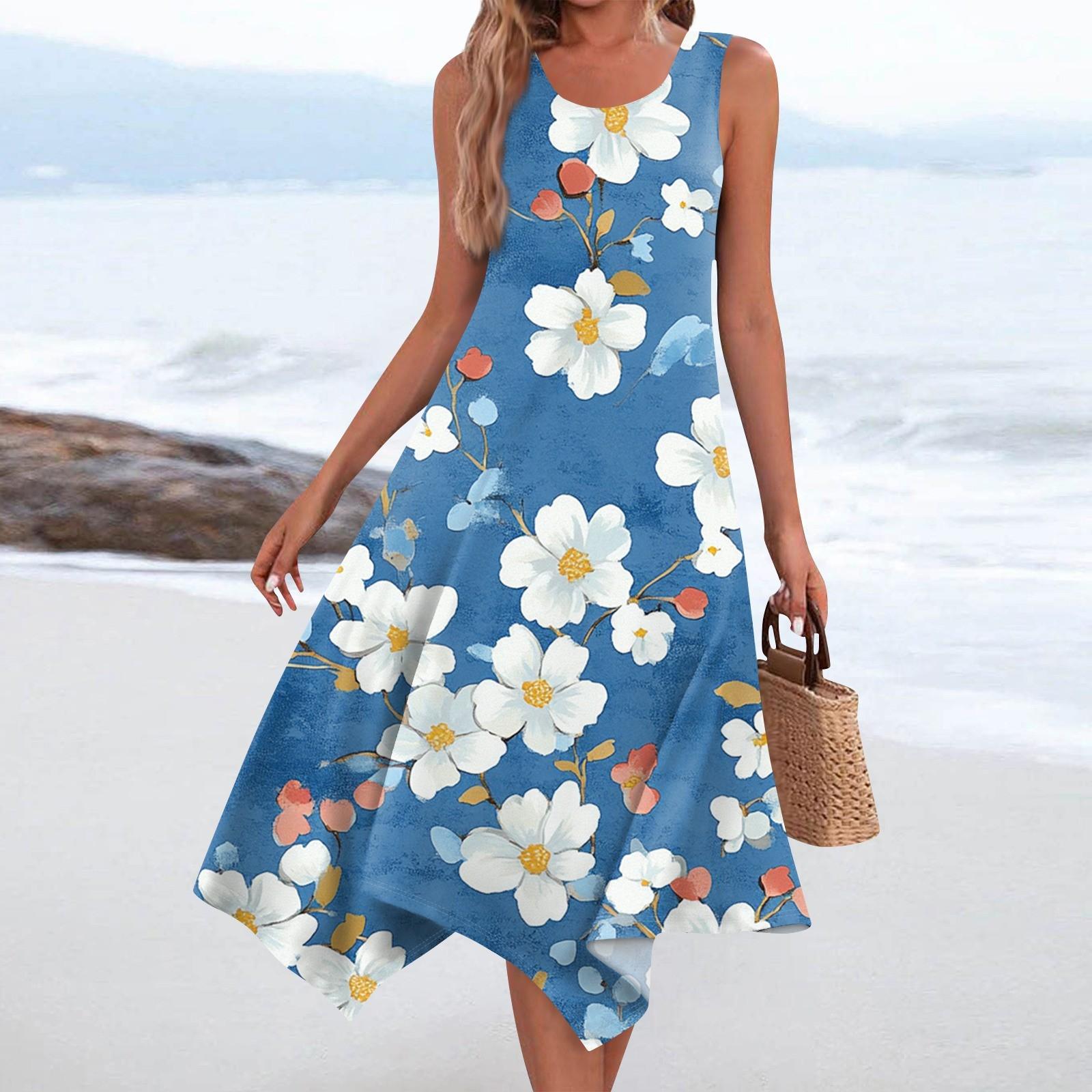 

Жіноча повсякденна модна сукня середньої довжини з круглим вирізом і квітковим принтом без рукавів із нерівним подолом M