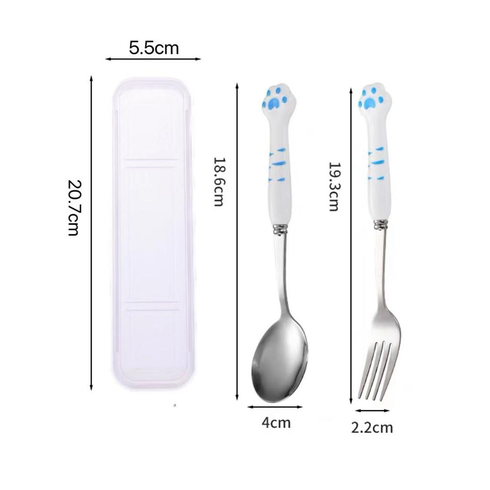 

Набор из ложки и вилки из нержавеющей стали с ящиком для хранения, переносная посуда, милый набор столовых приборов в форме кошачьей лапки для взрослых и детей, для школы синий