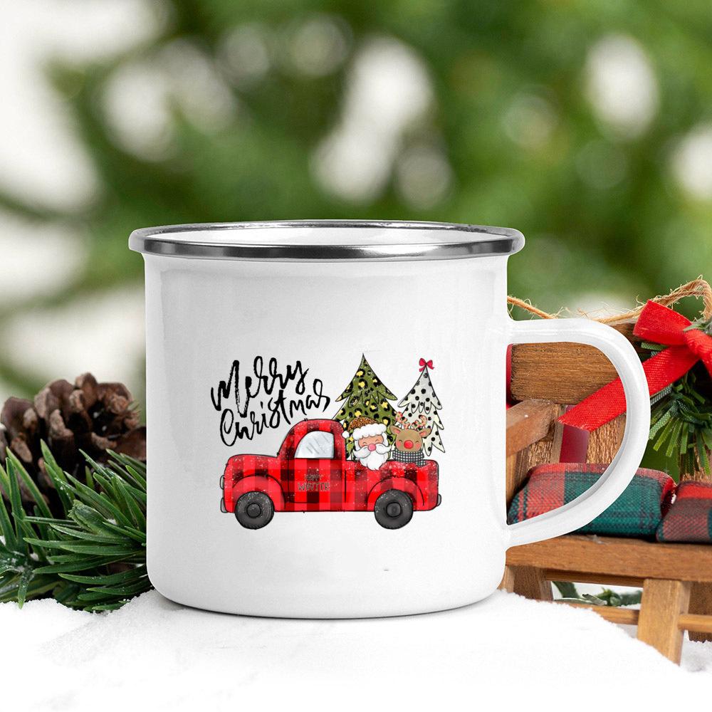 Truck Christmas Tree Printed Coffee Mugs Enamel White Drink Mug Handle Beer Cups Party Table Decoration Gifts for Family Friends