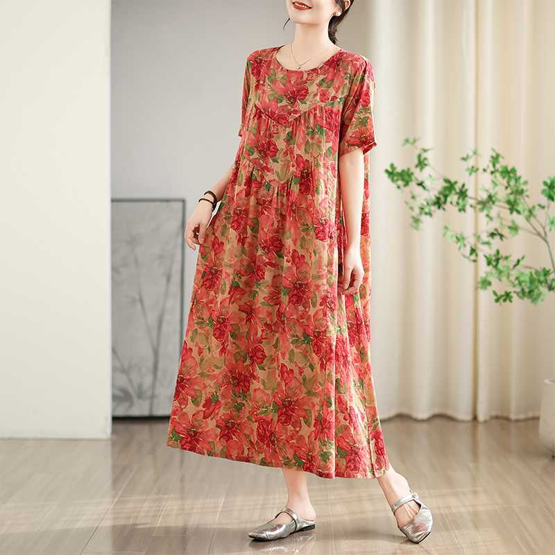 Summer New Vintage Cotton-Linen Printed Round-neck Short-Sleeve Dress for Women Loose Fit Large Size Slimming Design with Patchwork Pattern