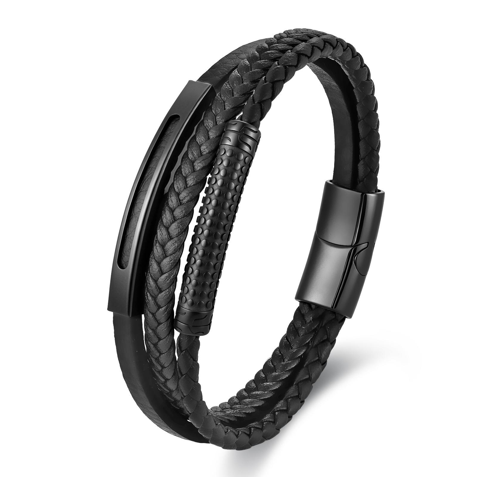 Black Leather Rope Cowhide Men s Double Layer, Genuine Leather Woven Bracelet Handmade Multilayer Leather Bracelet 2026 21CM