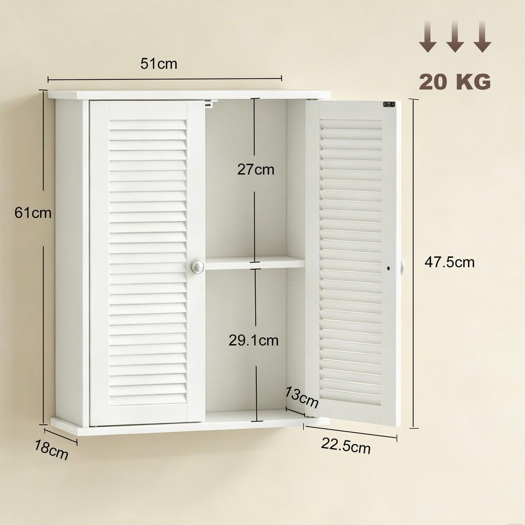 Bathroom Cabinet, Bathroom Wall Cabinet with Louvered Doors and Adjustable Shelf Storage for Kitchen, White