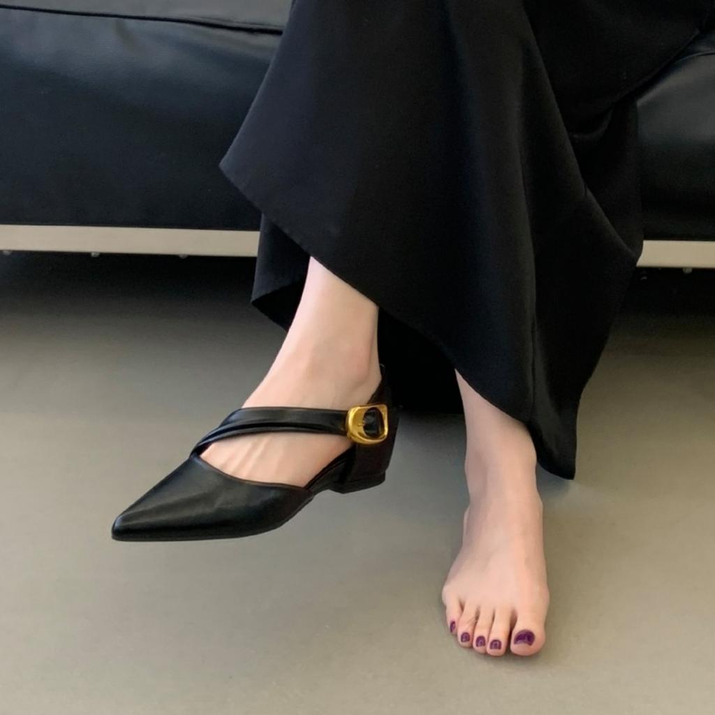 Inner Height Increase Pointed Hollow Shallow Mouth Single Shoes Women'S Spring French One-Word With Bag Head Sandals